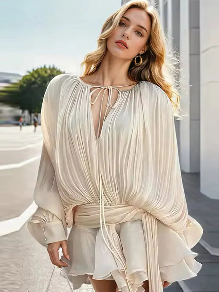 Solid Blouse Mini Dresses For Women V Neck Long Sleeve Spliced Lace up