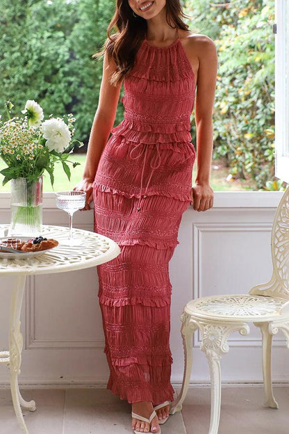 Sleeveless chiffon elastic waist two piece suit