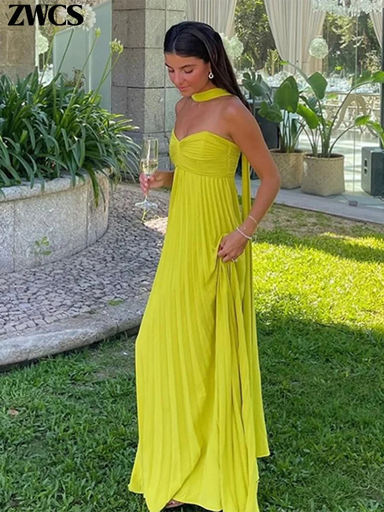 Long Strapless Pleated Dress