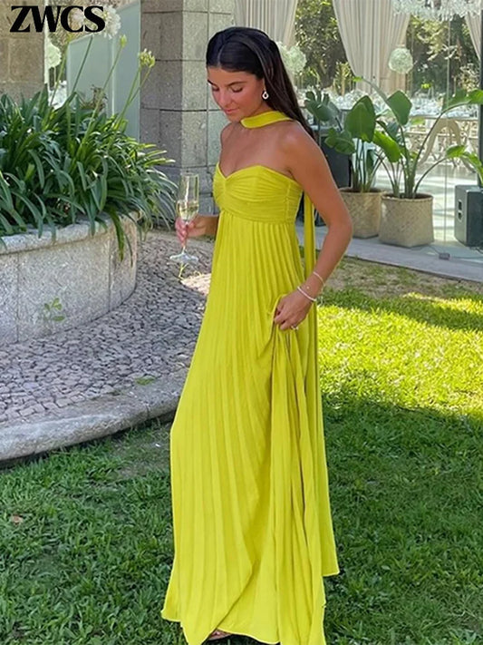 Long Strapless Pleated Dress