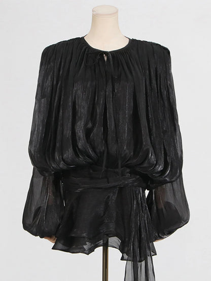 Solid Blouse Mini Dresses For Women V Neck Long Sleeve Spliced Lace up