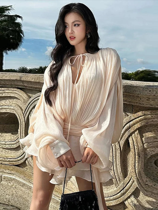Solid Blouse Mini Dresses For Women V Neck Long Sleeve Spliced Lace up