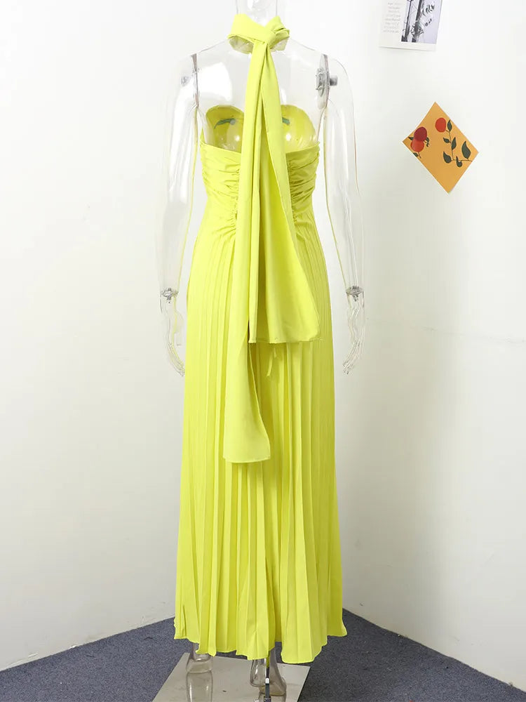 Long Strapless Pleated Dress