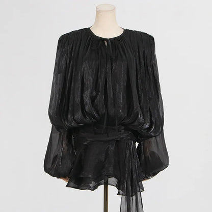 Solid Blouse Mini Dresses For Women V Neck Long Sleeve Spliced Lace up