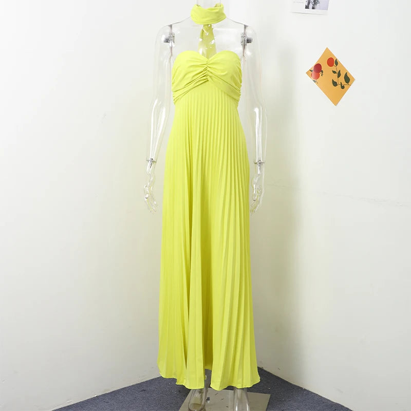Long Strapless Pleated Dress