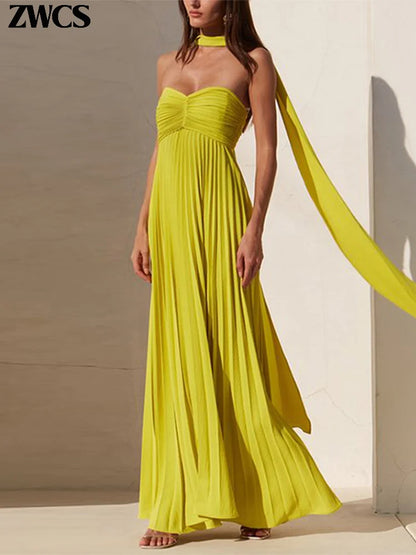 Long Strapless Pleated Dress