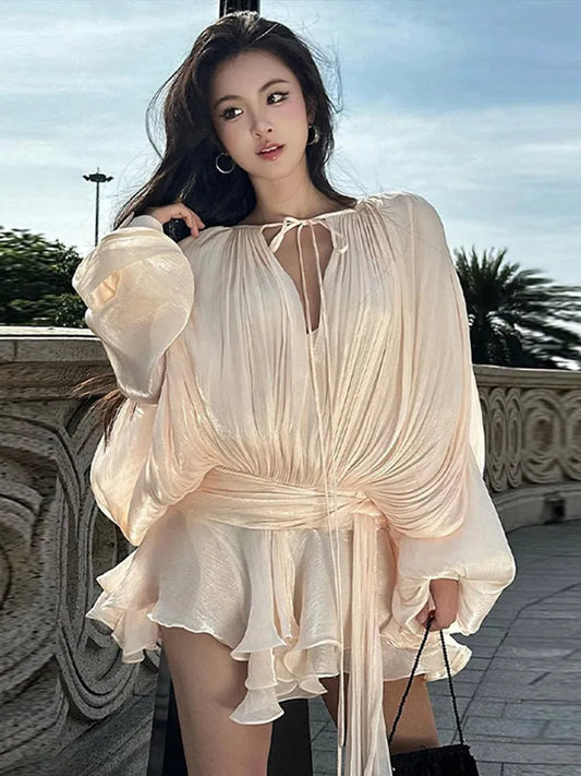 Solid Blouse Mini Dresses For Women V Neck Long Sleeve Spliced Lace up