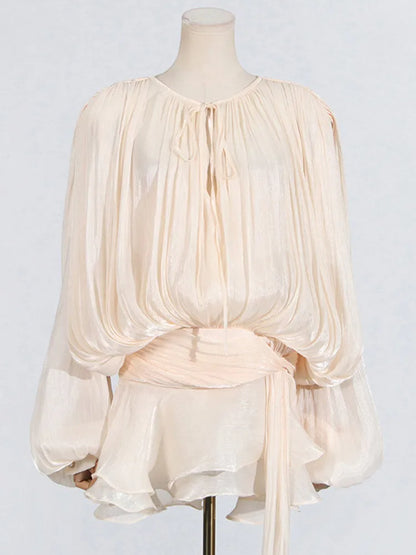 Solid Blouse Mini Dresses For Women V Neck Long Sleeve Spliced Lace up