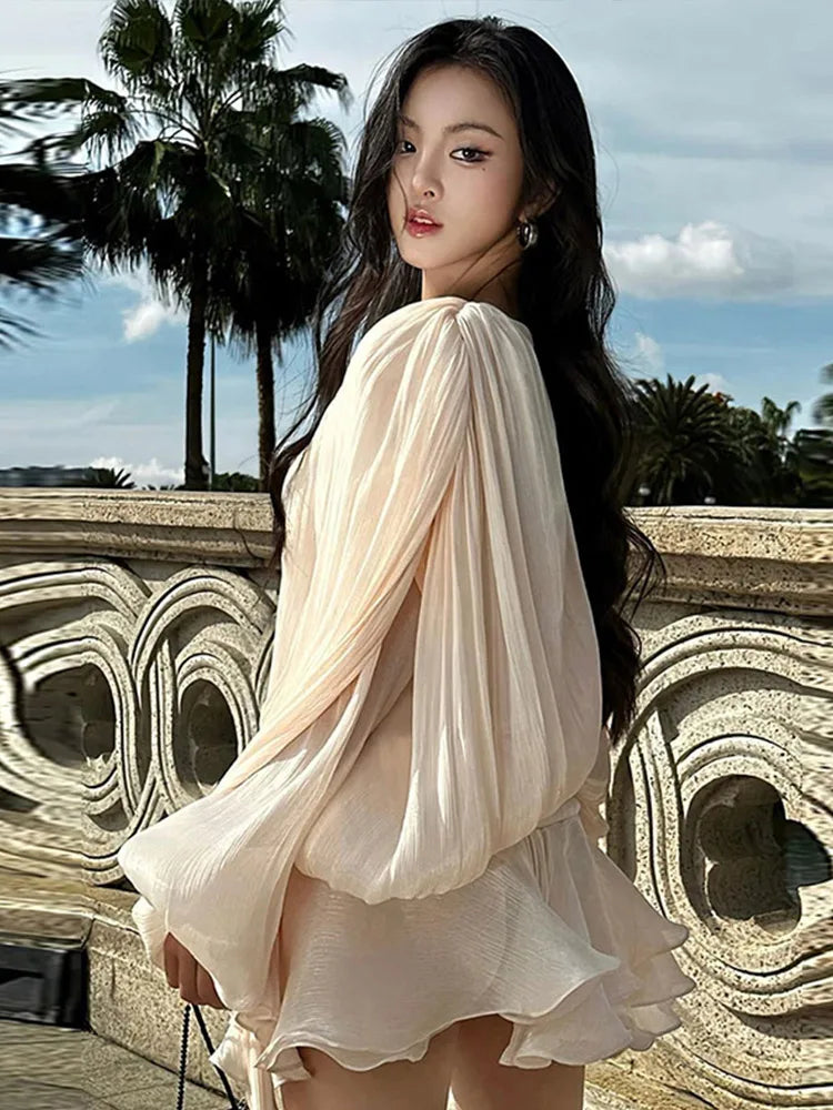 Solid Blouse Mini Dresses For Women V Neck Long Sleeve Spliced Lace up